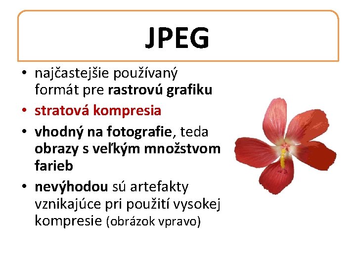 JPEG • najčastejšie používaný formát pre rastrovú grafiku • stratová kompresia • vhodný na