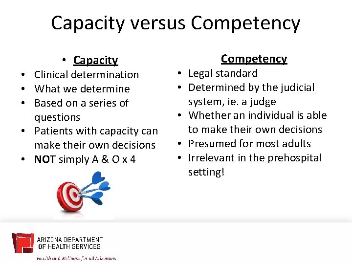 Capacity versus Competency • Capacity • Clinical determination • What we determine • Based