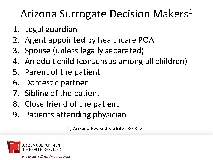 Arizona Surrogate Decision Makers 1 1. 2. 3. 4. 5. 6. 7. 8. 9.