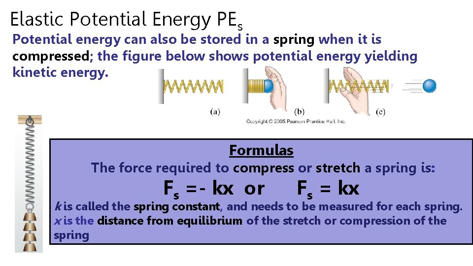 Elastic Potential Energy PEs Potential energy can also be stored in a spring when