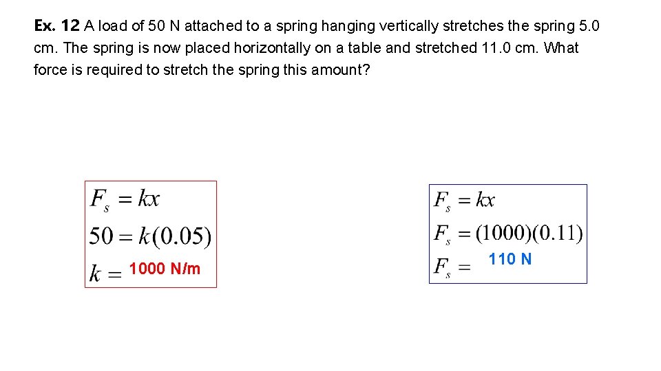 Ex. 12 A load of 50 N attached to a spring hanging vertically stretches