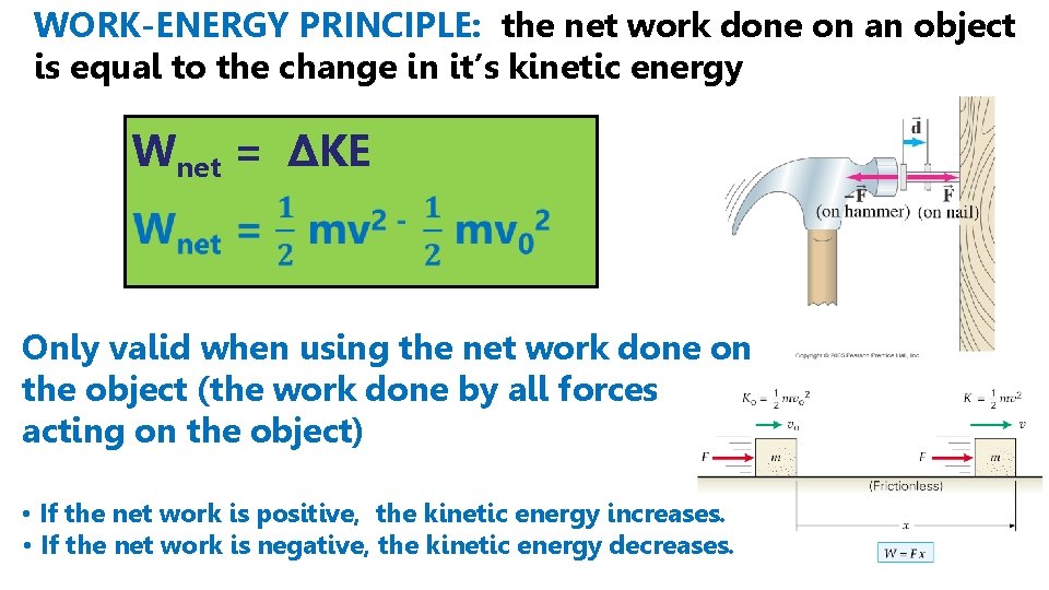 WORK-ENERGY PRINCIPLE: the net work done on an object is equal to the change