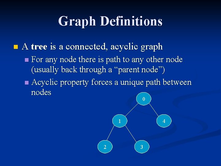 Graph Definitions n A tree is a connected, acyclic graph For any node there