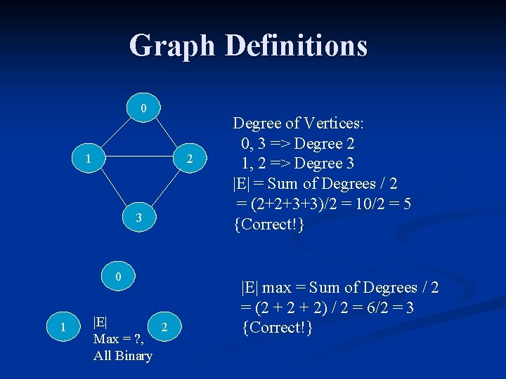 Graph Definitions 0 1 2 3 0 1 |E| 2 Max = ? ,