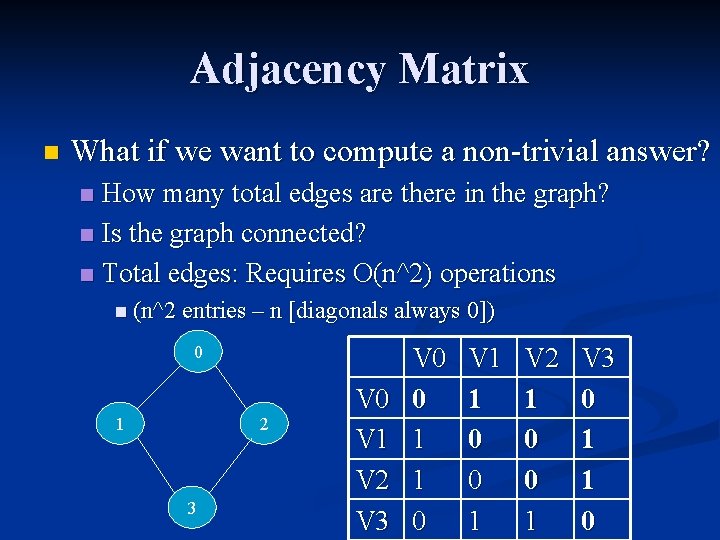 Adjacency Matrix n What if we want to compute a non-trivial answer? How many