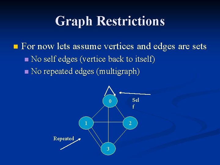 Graph Restrictions n For now lets assume vertices and edges are sets No self