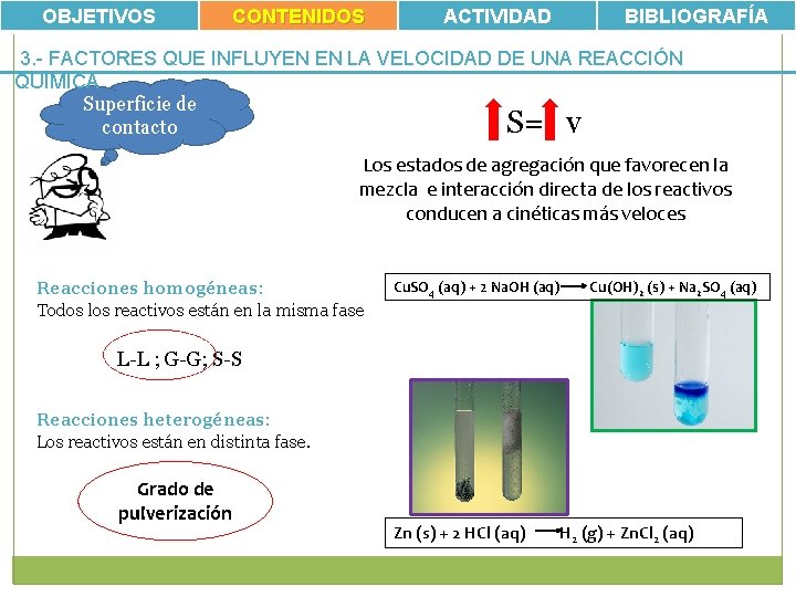 OBJETIVOS CONTENIDOS ACTIVIDAD BIBLIOGRAFÍA 3. - FACTORES QUE INFLUYEN EN LA VELOCIDAD DE UNA