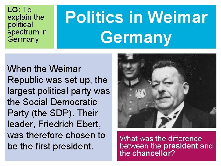LO: To explain the political spectrum in Germany Politics in Weimar Germany When the