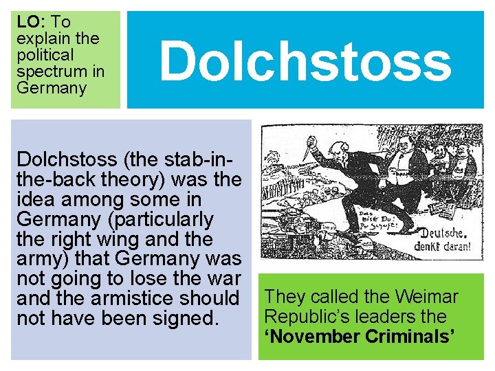 LO: To explain the political spectrum in Germany Dolchstoss (the stab-inthe-back theory) was the