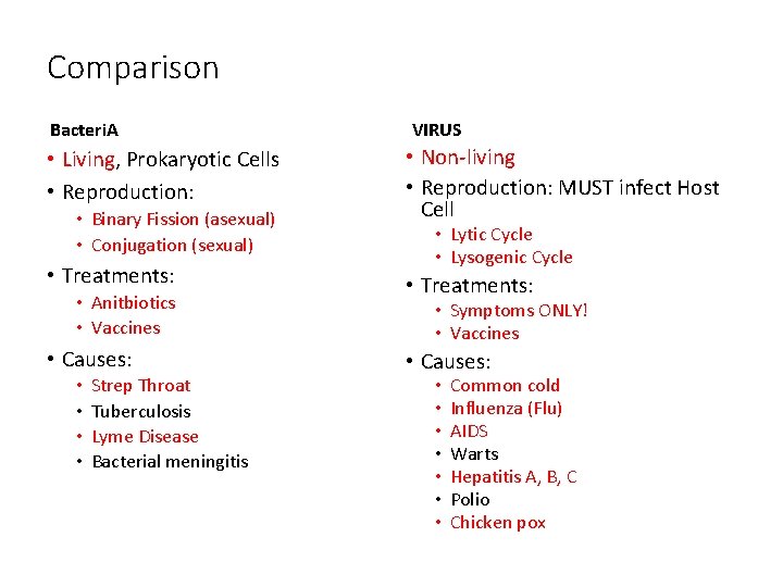 Comparison Bacteri. A • Living, Prokaryotic Cells • Reproduction: • Binary Fission (asexual) •