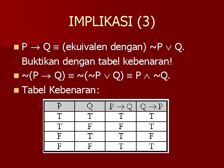 IMPLIKASI (3) Q (ekuivalen dengan) ~P Q. Buktikan dengan tabel kebenaran! n ~(P Q)