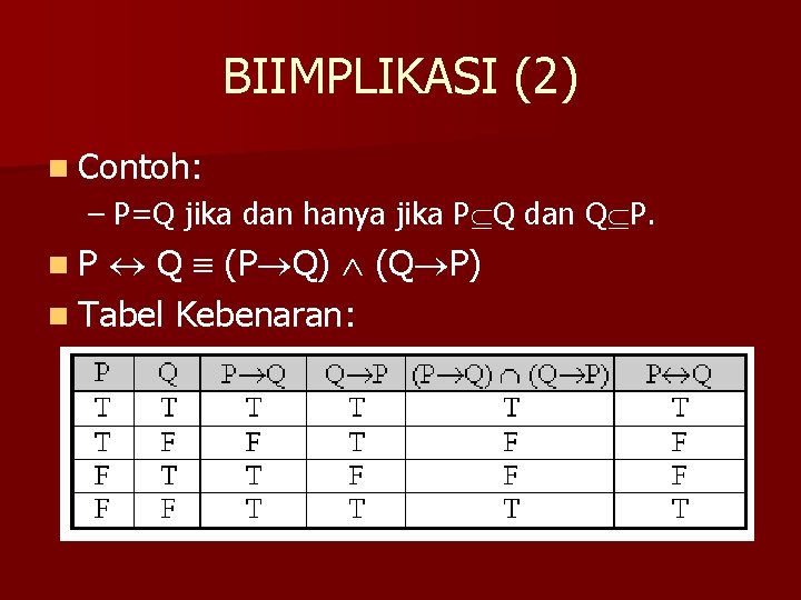 BIIMPLIKASI (2) n Contoh: – P=Q jika dan hanya jika P Q dan Q