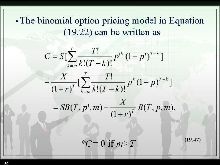  • The binomial option pricing model in Equation (19. 22) can be written
