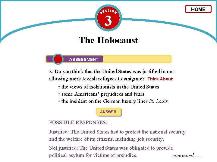 3 HOME The Holocaust ASSESSMENT 2. Do you think that the United States was