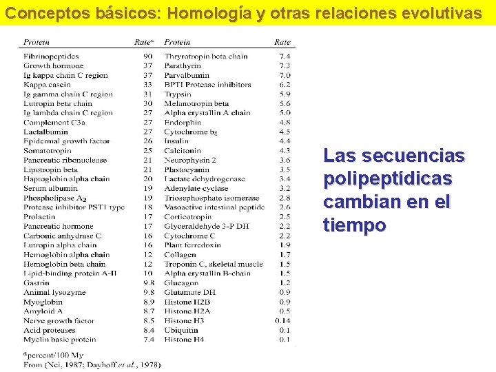 Conceptos básicos: Homología y otras relaciones evolutivas Las secuencias polipeptídicas cambian en el tiempo