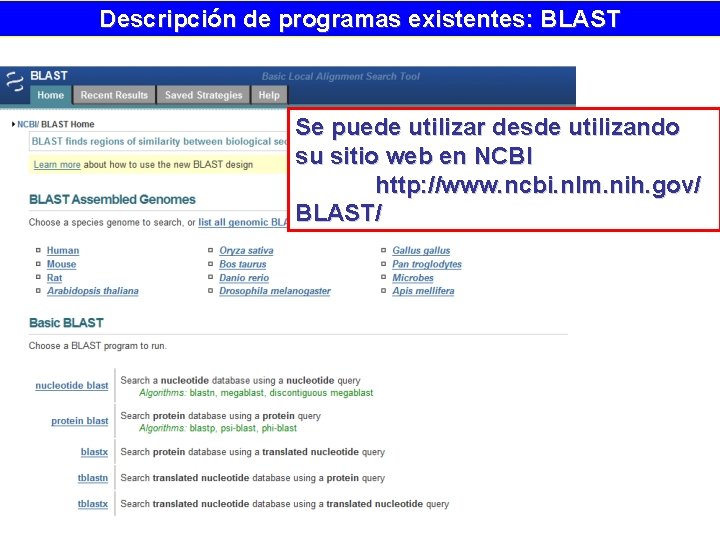 Descripción de programas existentes: BLAST Se puede utilizar desde utilizando su sitio web en