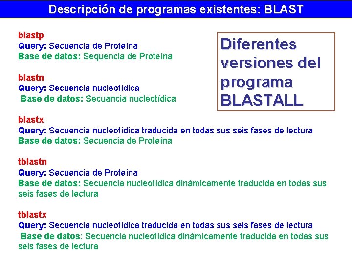 Descripción de programas existentes: BLAST blastp Query: Secuencia de Proteína Base de datos: Sequencia