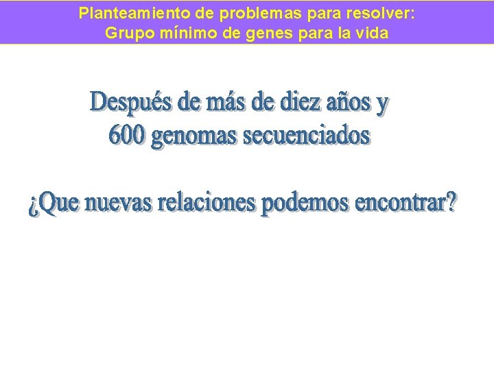 Planteamiento de problemas para resolver: Grupo mínimo de genes para la vida 