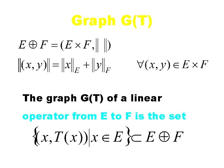 Graph G(T) The graph G(T) of a linear operator from E to F is