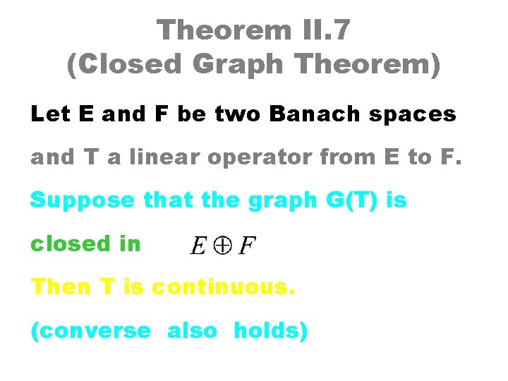 Theorem II. 7 (Closed Graph Theorem) Let E and F be two Banach spaces
