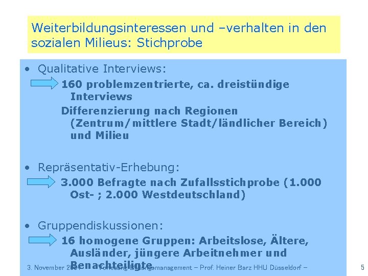 Weiterbildungsinteressen und –verhalten in den sozialen Milieus: Stichprobe • Qualitative Interviews: 160 problemzentrierte, ca.