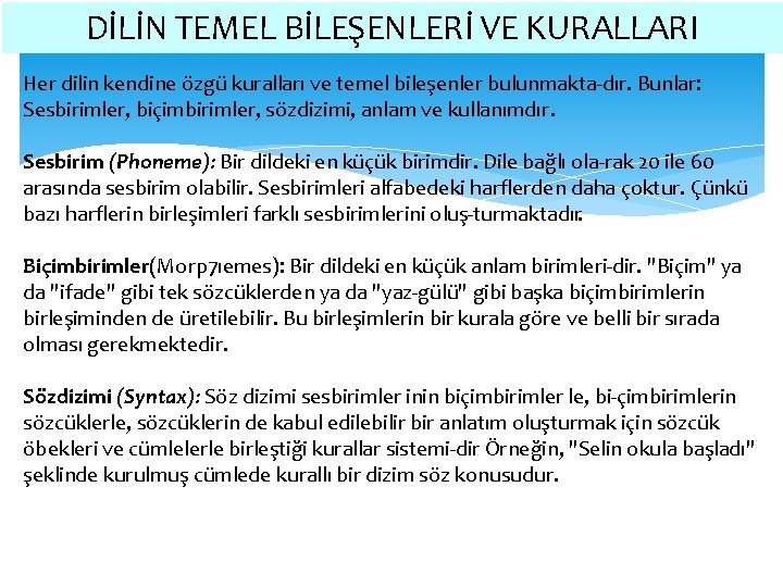 DİLİN TEMEL BİLEŞENLERİ VE KURALLARI Her dilin kendine özgü kuralları ve temel bileşenler bulunmakta