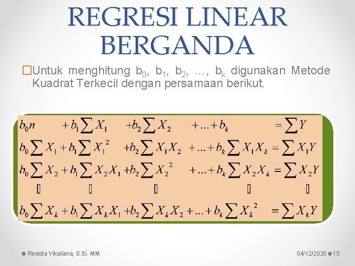 REGRESI LINEAR BERGANDA �Untuk menghitung b 0, b 1, b 2, …, bk digunakan