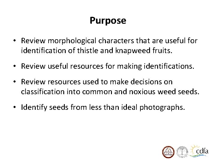 Purpose • Review morphological characters that are useful for identification of thistle and knapweed