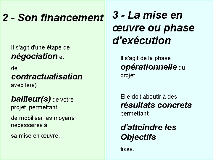 2 - Son financement 3 - La mise en œuvre ou phase d'exécution Il