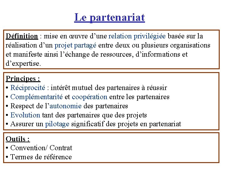 Le partenariat Définition : mise en œuvre d’une relation privilégiée basée sur la réalisation