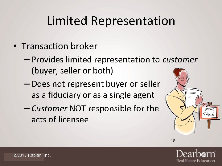 Limited Representation • Transaction broker – Provides limited representation to customer (buyer, seller or