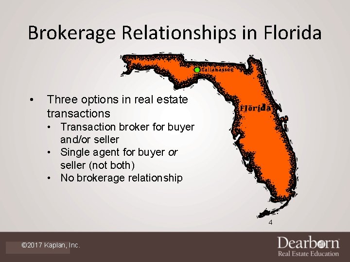 Brokerage Relationships in Florida • Three options in real estate transactions • Transaction broker