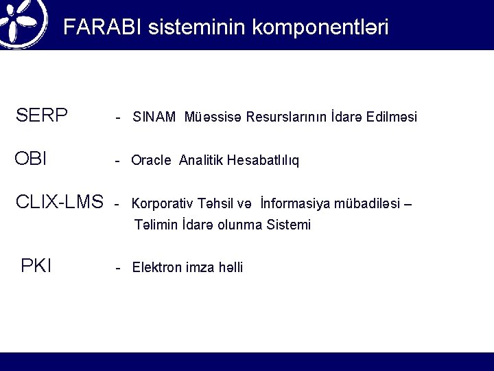 FARABI sisteminin komponentləri SERP - SINAM Müəssisə Resurslarının İdarə Edilməsi OBI - Oracle Analitik