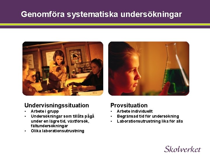 Genomföra systematiska undersökningar Undervisningssituation Provsituation • • • Arbete i grupp Undersökningar som tillåts