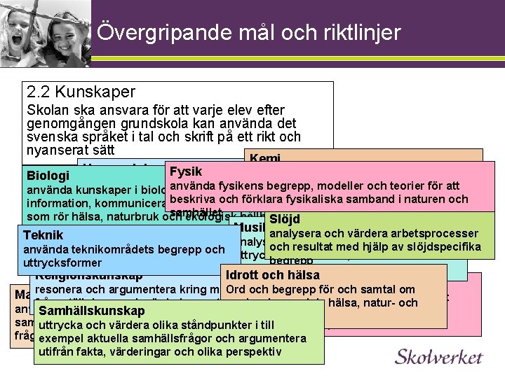 Övergripande mål och riktlinjer 2. 2 Kunskaper Skolan ska ansvara för att varje elev