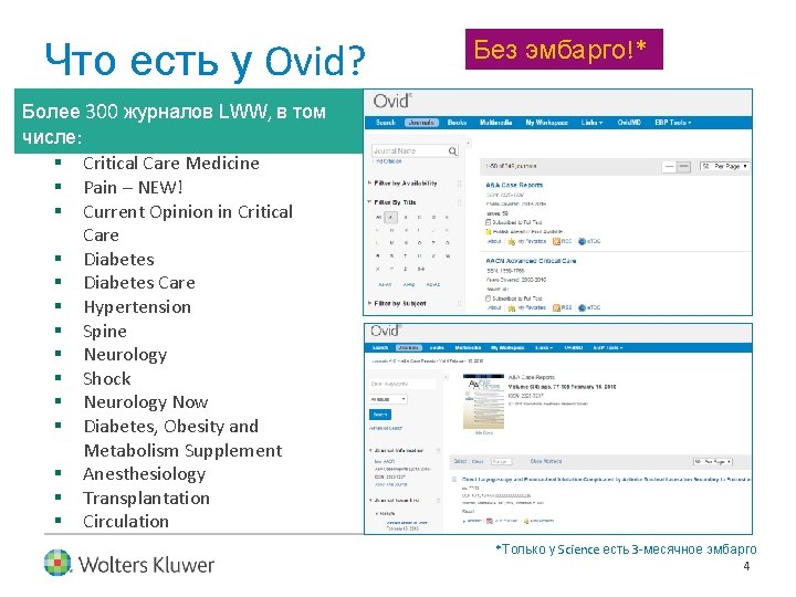 Что есть у Ovid? Без эмбарго!* Более 300 журналов LWW, в том числе: §