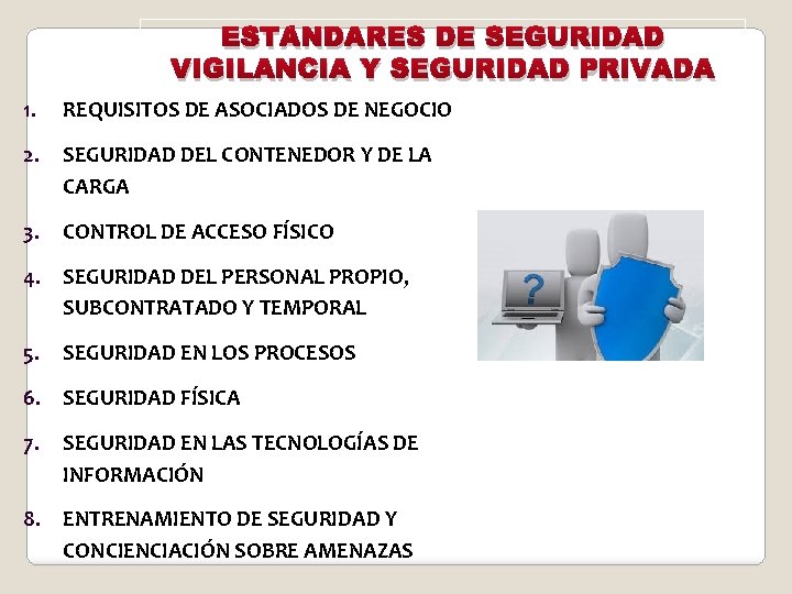 ESTÁNDARES DE SEGURIDAD VIGILANCIA Y SEGURIDAD PRIVADA 1. REQUISITOS DE ASOCIADOS DE NEGOCIO 2.