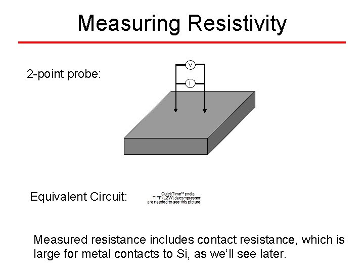 Measuring Resistivity 2 -point probe: V I Equivalent Circuit: Measured resistance includes contact resistance,