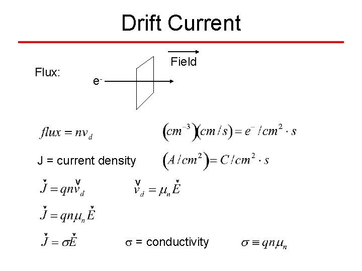Drift Current Flux: Field e- J = current density = conductivity 
