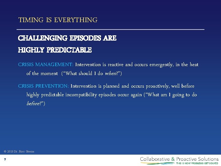 TIMING IS EVERYTHING CHALLENGING EPISODES ARE HIGHLY PREDICTABLE CRISIS MANAGEMENT: Intervention is reactive and