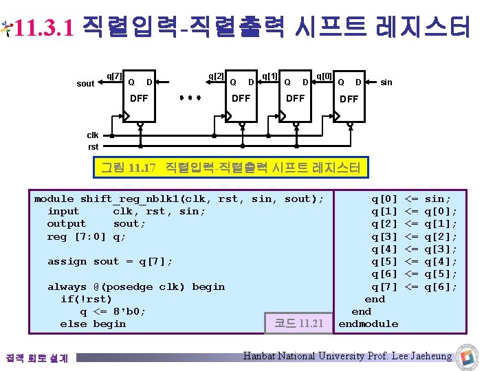 11. 3. 1 직렬입력-직렬출력 시프트 레지스터 sout q[7] Q D q[2] DFF Q D