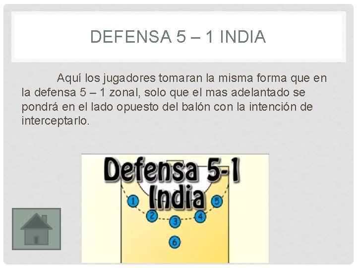 DEFENSA 5 – 1 INDIA Aquí los jugadores tomaran la misma forma que en