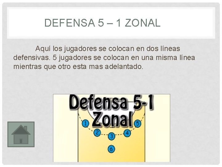 DEFENSA 5 – 1 ZONAL Aquí los jugadores se colocan en dos líneas defensivas.