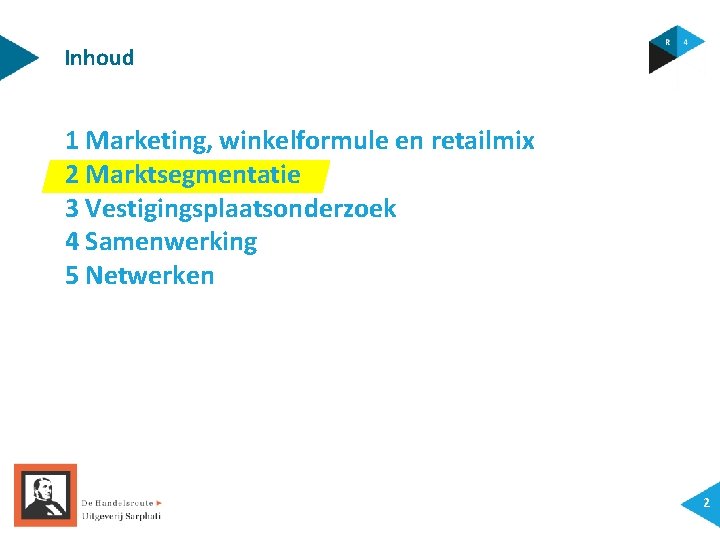 Inhoud 1 Marketing, winkelformule en retailmix 2 Marktsegmentatie 3 Vestigingsplaatsonderzoek 4 Samenwerking 5 Netwerken