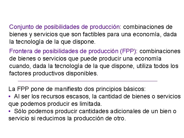 Conjunto de posibilidades de producción: combinaciones de bienes y servicios que son factibles para