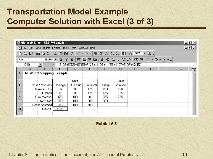 Transportation Model Example Computer Solution with Excel (3 of 3) Exhibit 6. 3 Chapter
