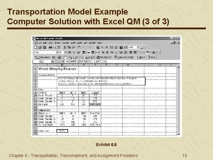 Transportation Model Example Computer Solution with Excel QM (3 of 3) Exhibit 6. 6