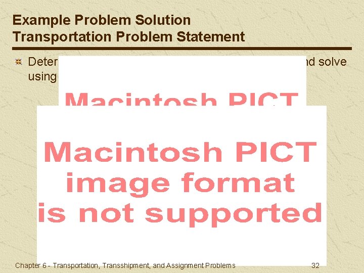 Example Problem Solution Transportation Problem Statement Determine linear programming model formulation and solve using