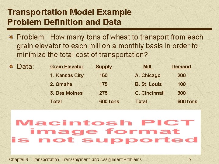 Transportation Model Example Problem Definition and Data Problem: How many tons of wheat to