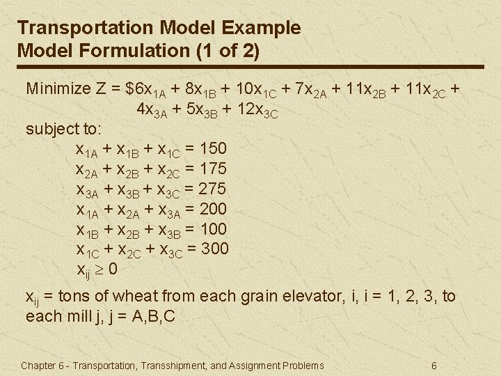 Transportation Model Example Model Formulation (1 of 2) Minimize Z = $6 x 1